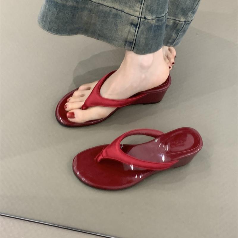 

Elegant Women s Wedge Solid Color Flip Flops Korean Style Versatile Casual Slippers Outdoor Street Casual Sandal Shoes for Women 35 красный