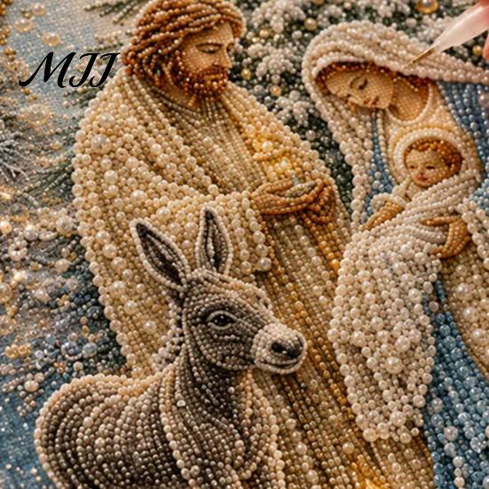 Nativity Craft for Adults Faux Pearl Art Kit, Holy Family Painting DIY Catholic Prayer Corner Decorations 3D Religious Set Adults, Home Christmas Wall