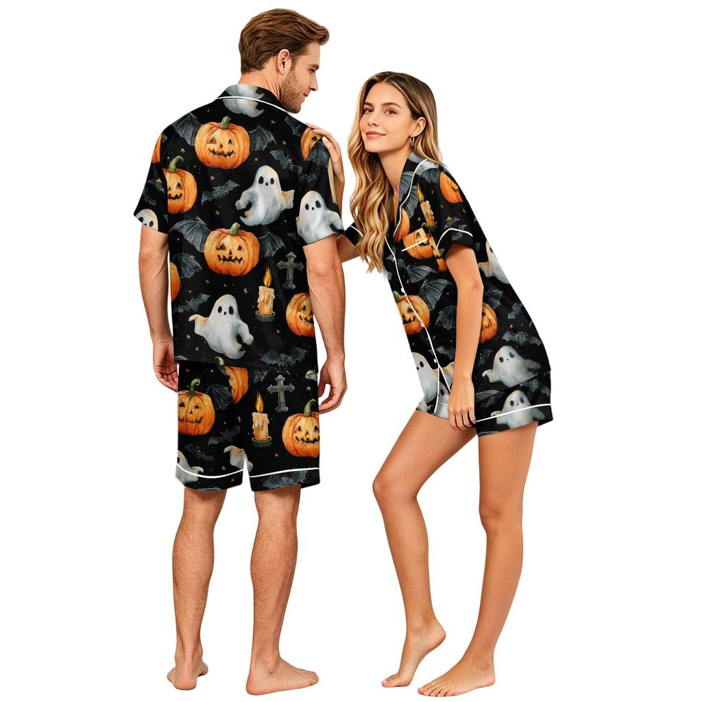 Couple Halloween Pajama Set Short Sleeve Button Down Top and Shorts Soft Casual Sleepwear S To XXXXL Matching Loungewear