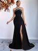 Elegant Halter Neck Rhinestone Fishtail Evening Gown with Slim Fit and Side Slit