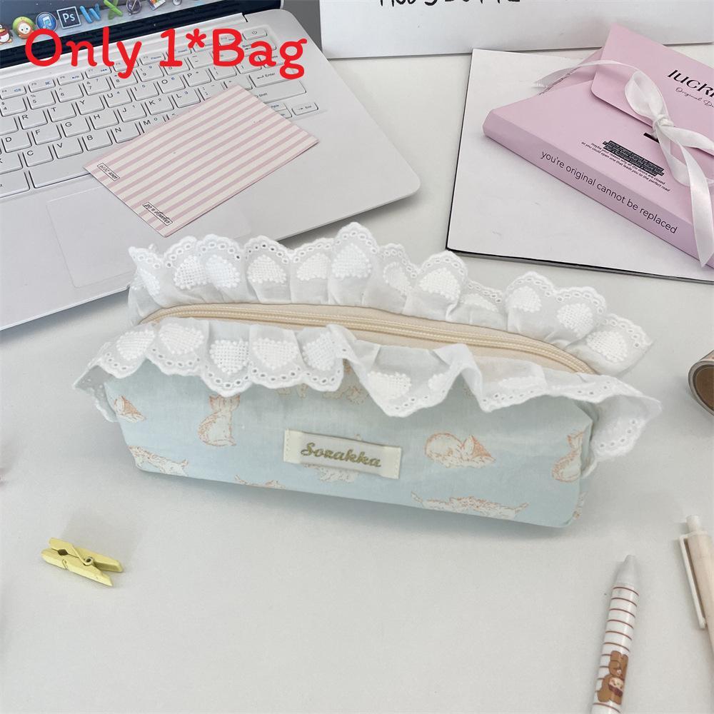 Cat Themed Pencil Case Large Capacity Organizer With Lace Print For Students And Office Use