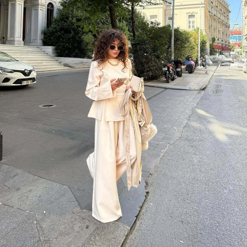 2025 Cross-border European and American Women's Wear, Amazon Crew Neck Long Sleeve Casual Top, Loose Wide-Leg Long Pants Set