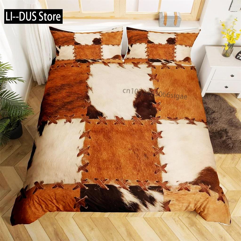 Brown Cowhide Duvet Cover Patchwork Cow Fur Farm Animal Bedding Set Western Farmhouse Retro Style Quilt Cover For Bedroom Decor