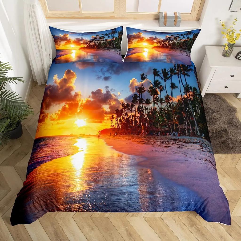 Tree And Sunset Duvet Cover Sets Landscape Mountain Tropical Trees Bedding Set Starry Sky Comforter Cover 2/3Pcs Queen King Size