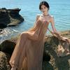 Vintage high-end fashion temperament dress Spice girl sexy tube top mesh dress seaside vacation style dress
