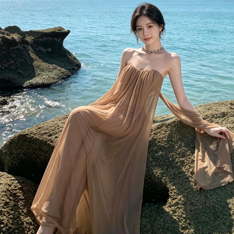 Vintage high-end fashion temperament dress Spice girl sexy tube top mesh dress seaside vacation style dress