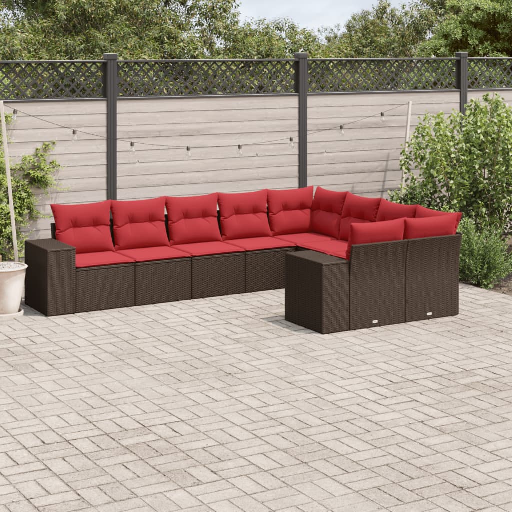 9 Piece Garden Sofa Set with Cushions Brown Poly Rattan
