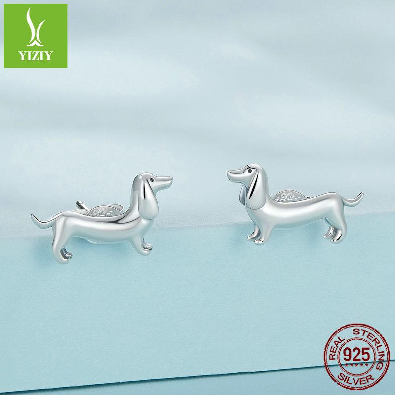 Yinziyun S925 Silver Dachshund Jewelry Set: Cute Animal Earrings & Open Ring