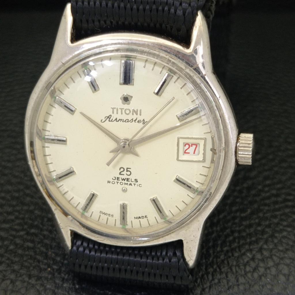 VINTAGE TITONI AIRMASTER ROTOMATIC SWISS MENS CREAM COLOR DIAL WATCH A700334-5 R202-a700334