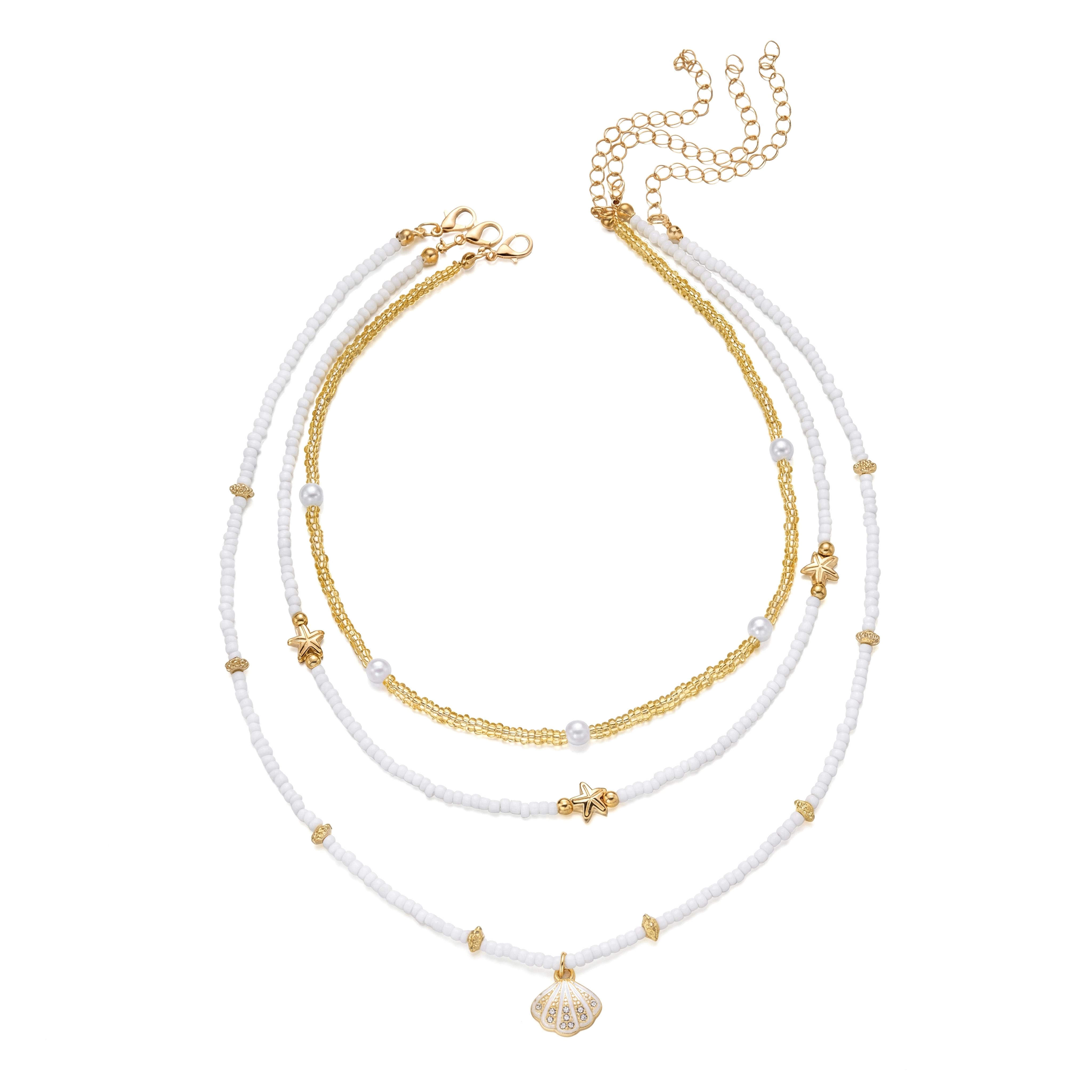

Summer Beach Layered Beaded Necklace Set Shell Starfish Pendant Choker Boho Vacation Jewelry 3Pcs