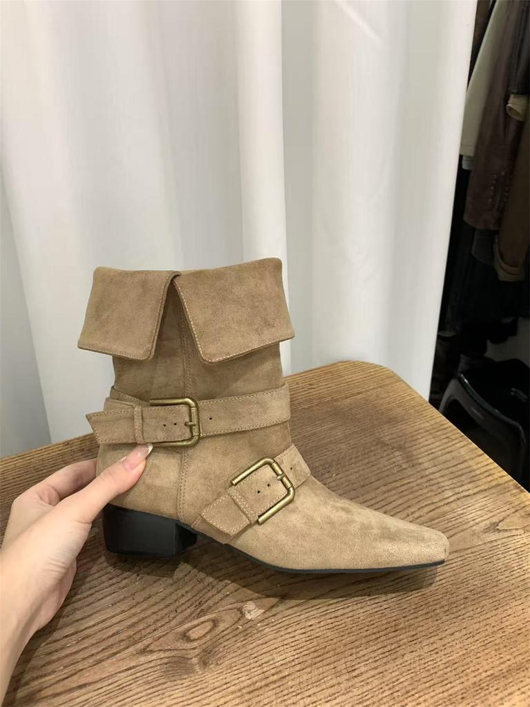Thick heel retro suede western cowboy boots short boots women's boots 2025 new spring and autumn single boots square Martin boots