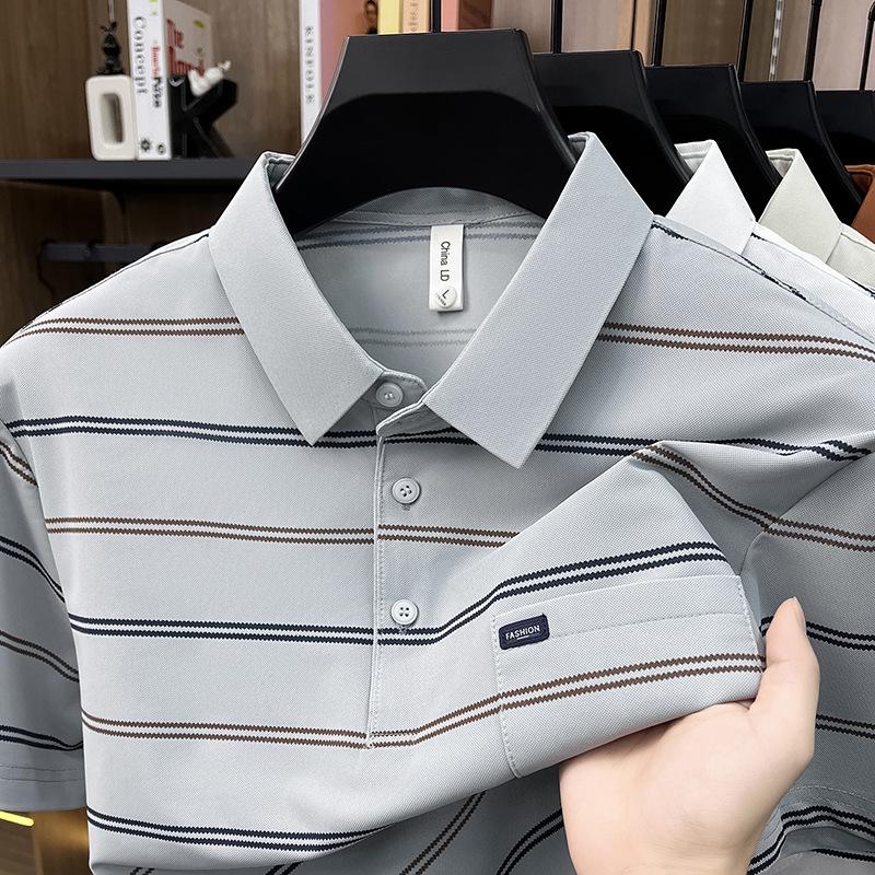 Men s Summer Striped Lapel Polo Shirt with Real Pocket - Short Sleeve Business Casual Top M светло-серый