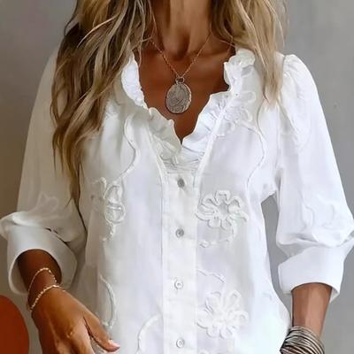Damen Hemd V-Ausschnitt Spitzenbesatz Langarm Pullover Oberteile Einfarbige Stickerei Blumenmuster Frühling Sommer Freizeit Hemd Oberteile