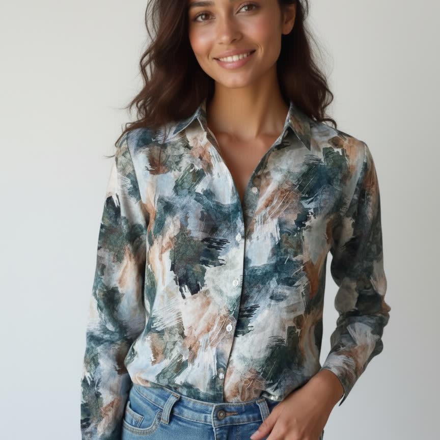 2026 Retro Hong Kong Style Ink Print Women s Loose Lapel Shirt M