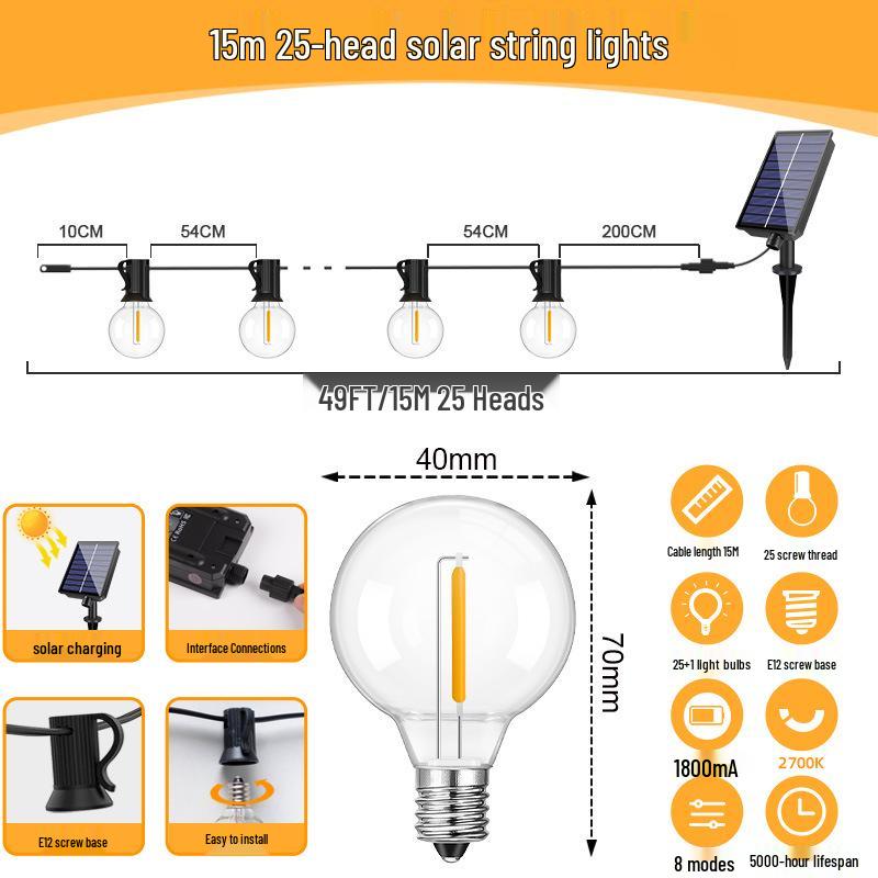 G40 Solar LED String Lights: Outdoor Copper Wire, Drop-Proof, Perfect for Atmosphere Decoration