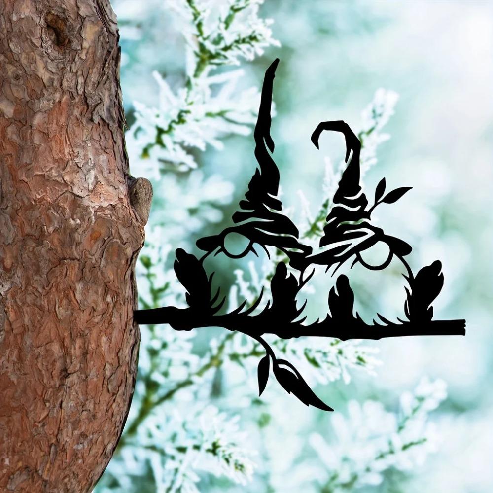 1pc Metal Branch with 2 Gnomes and Mushrooms – Yard Art Decoration for Garden, Tree, and Outdoor Spaces. Perfect Garden Gift.