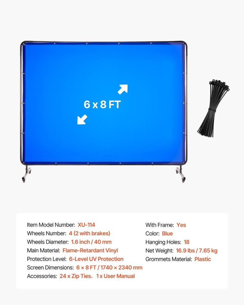 Welding Screen with Frame, 1.74 X 2.34m Welding Curtain Screen, Flame-Resistant Vinyl Protection Screens with Lockable Swivel Wheels & 6-Level UV