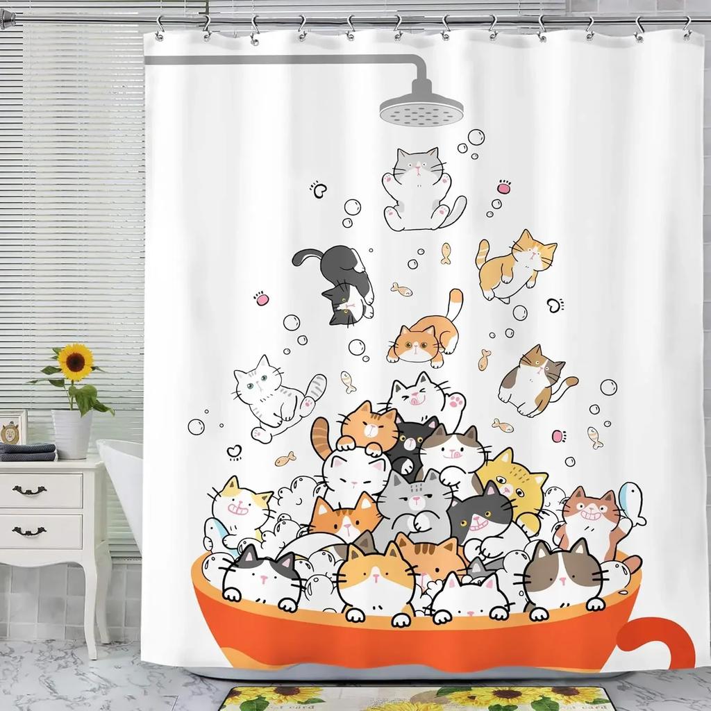 Kreskówkowy Uroczy Zwierzęcy Kąpiący się Kot i Pies Wzór Zasłony Prysznicowej Dziecięca Łazienka Wanna Dekoracyjna Poliestrowa Zasłona Prysznicowa