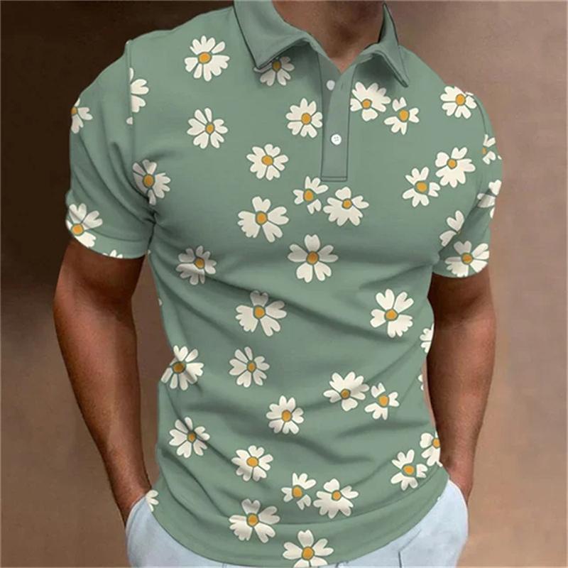 Fashionable men's polo shirt 3D printed flower pattern button lapel short sleeved top