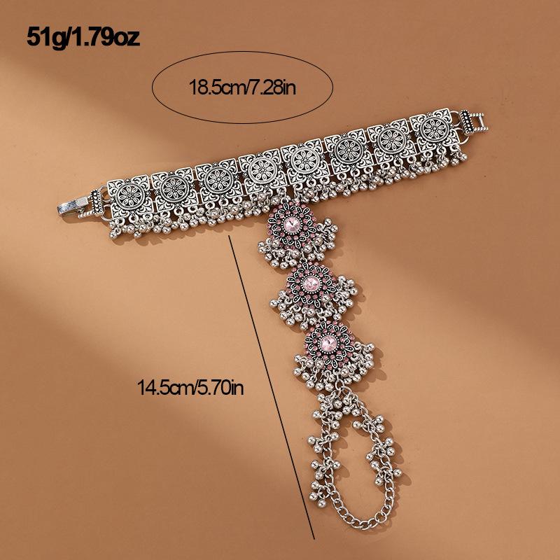 Ethnic Copper Color Carved Flower Bracelet Bangles In Chain Link Rings Girls Retro Pink Crystal Geometric Tassel Banquet Zircon