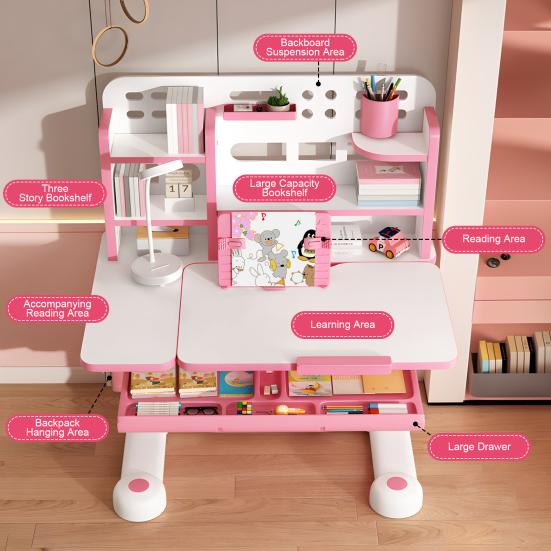 Scrivania e Sedia per Bambini Set, Set per Bambini Regolabile in Altezza con Libreria Cassetto Portaoggetti, Tavolo con Piano Inclinabile a 50 Gradi per Camera da Letto Bambini
