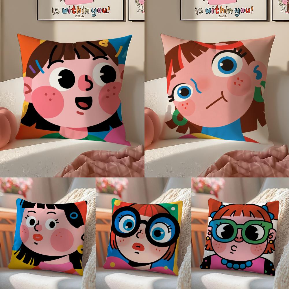 Funny Cute Girl Cartoon Pillow Case Pattern Printed Pillowcase For Living Room Sofa Cushion Cover & Bedroom Decor