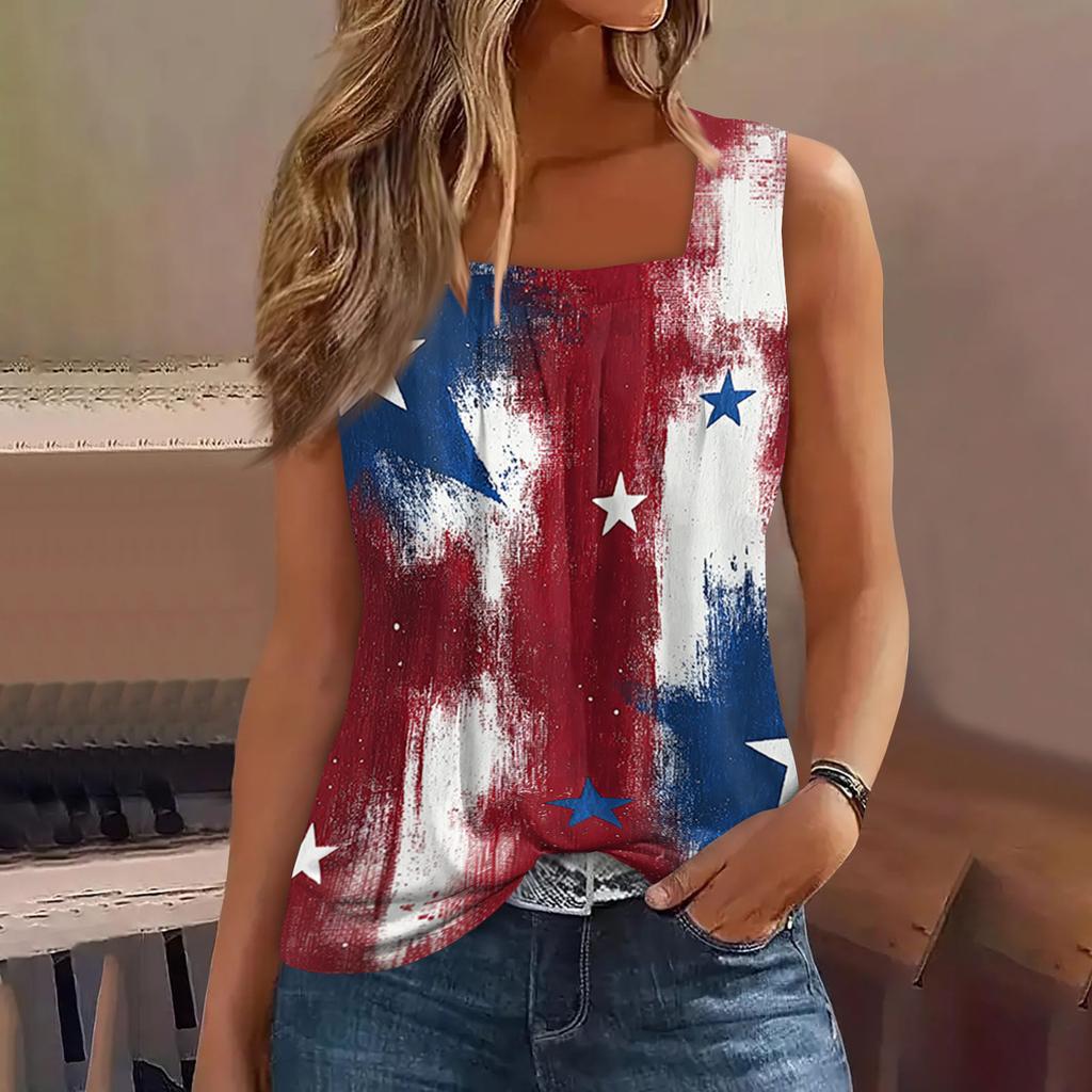 Square Collar Tank Top Women Print Tank Tee Casual Loose Fit Sleeveless Shirt