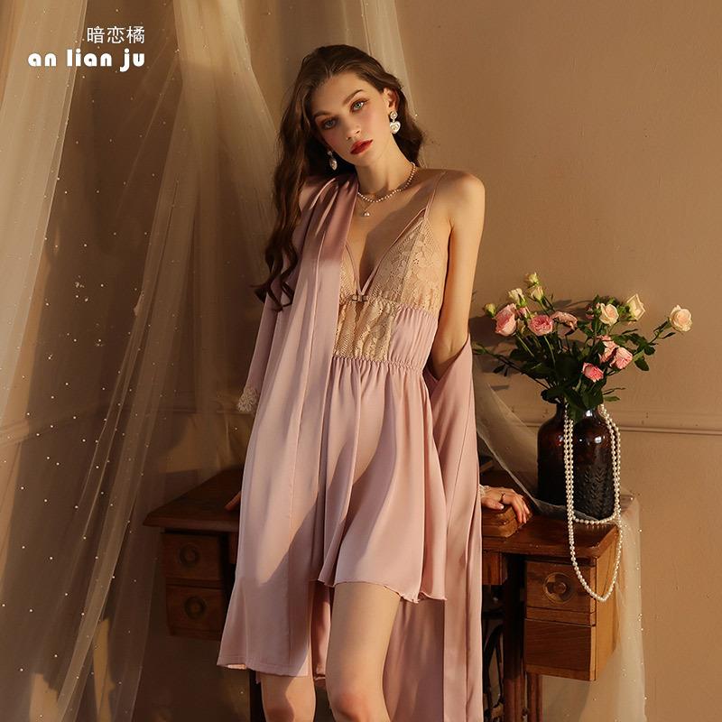 Feiyun's new satin pajamas women's cuffs splicing sexy lace lace-up pajamas bathrobes loungewear 111