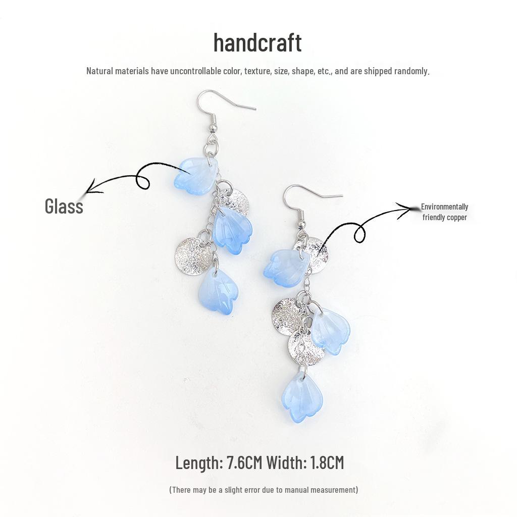 Gradient Blue Flower Petal Crystal Tassel Earrings - Cool, Elegant Seaside Vacation Style