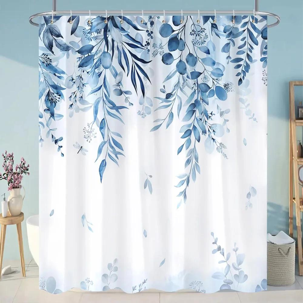 Beautiful Plant Flower Shower Curtain Eucalyptus Leaf Cherry Blossom Scenery Cat Butterfly Polyester Bath Curtain Bathroom Decor