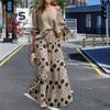 2 Pcs/Set Women T-shirt Pants Set Slant Neck One Shoulder Long Sleeve Bow Cuff Top Loose High Waist Wide Leg Printed Long Trousers Casual Dating