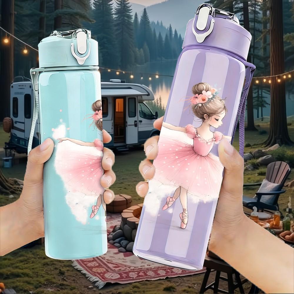 1PC Soft Pink Ballerina Dancing Girl Print 750ml Color Plastic Sports Water Bottle Leakproof Flip Straw Lid Suitable for Sports Office Home Use
