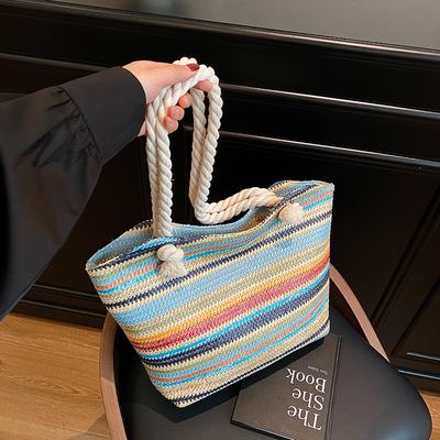 Summer Striped Straw Bag Women's 2025 New Trendy Fashion Large-capacity Shoulder Bag Contrasting Color Tote Bag