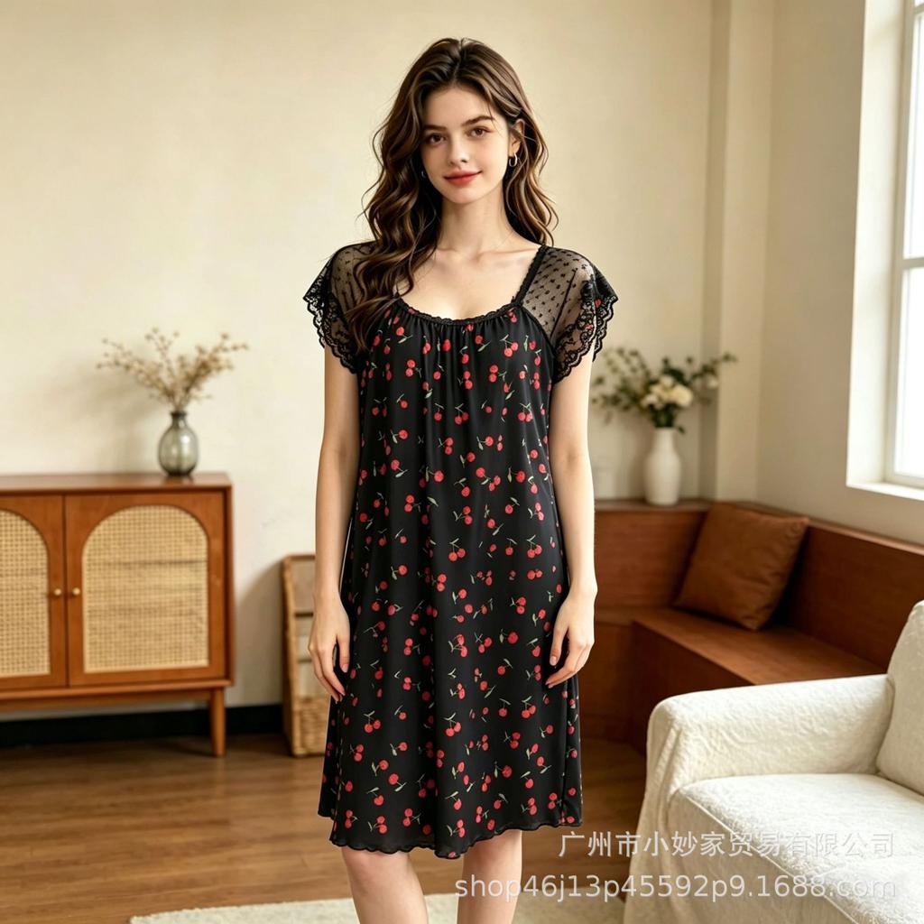 Beliebtes Damen-Nachthemd süße Spitzenapplikation bedruckter Rock bequeme Loungewear Pyjama