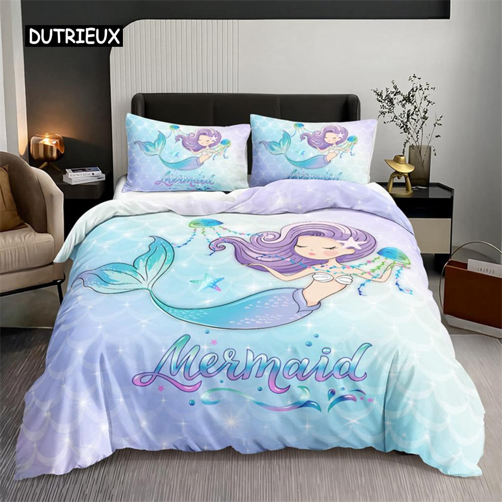 Watercolor Jellyfish Duvet Cover Mermaid Kawaii Sea Turtle Bedding Set Full For Boys Girls Gift Sea Ocean Theme Comforter Cover