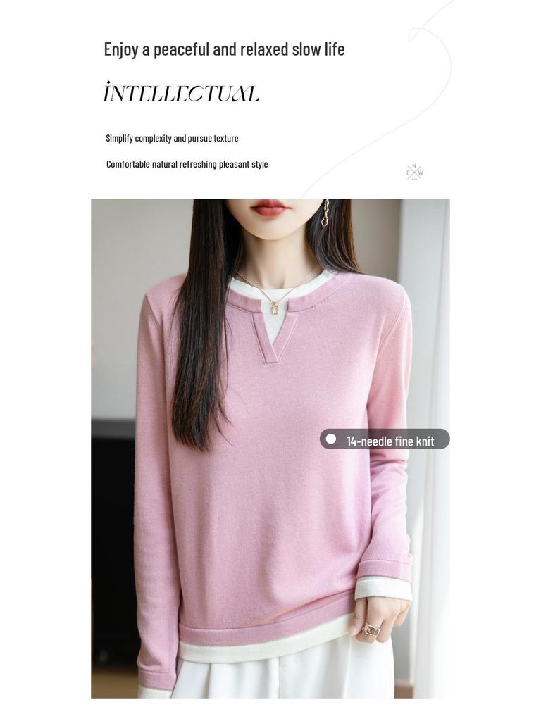 Women's 2025 Autumn/Winter Round Neck Two-Piece Look Wool Knit Long Sleeve Versatile Pullover Sweater Top