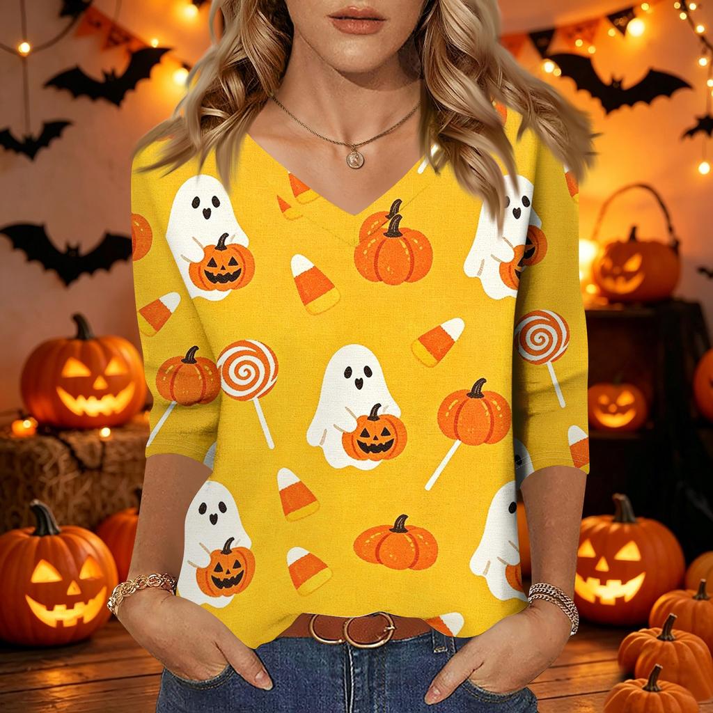 Women Casual Halloween Print V Neck Three Quarter Sleeve Top Lightweight Comfortable Fit Stylish Design for Daily Wear