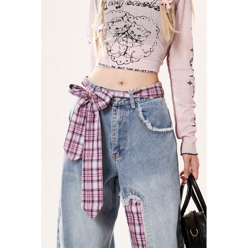 Båge Snörning Lapptäcke Jeans Dam Höstmode Amerikansk Liten Man Hög Midja Smala Lösa Vida Ben Långa Byxor