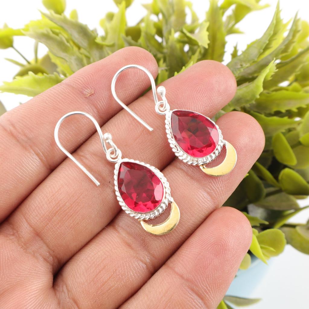 Pink Rubellite Gemstone 925 Solid Silver Jewelry Handmade Stylish Earrings 1.5" EE-162-1