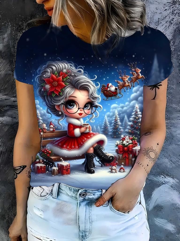 Women's Christmas 3D Winter Santa Claus Print T-shirt, Summer Casual Round Neck Short Sleeve Loose T-shirt for Women