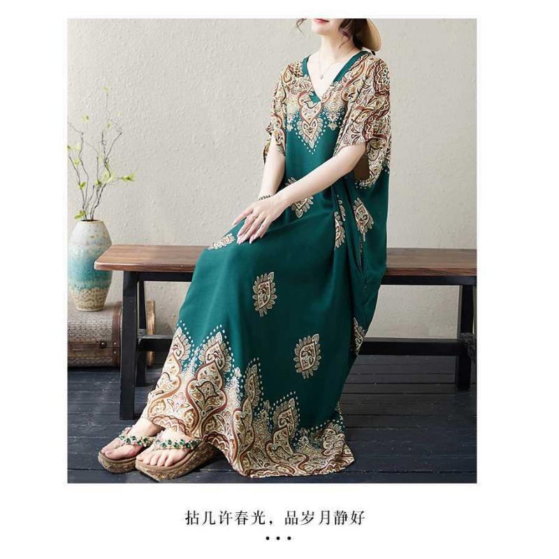 V Neck Fresh Floral Skinny Literary Vintage Bohemian Vacation Long Skirt