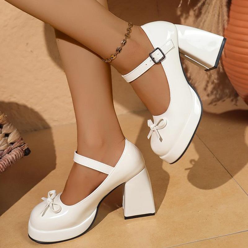 Bowtie Super High Heel Pumps for Women Lolita Style Patent Leather Chunky Platform Pumps Autumn Ankle Buckle Mary Janes Shoes