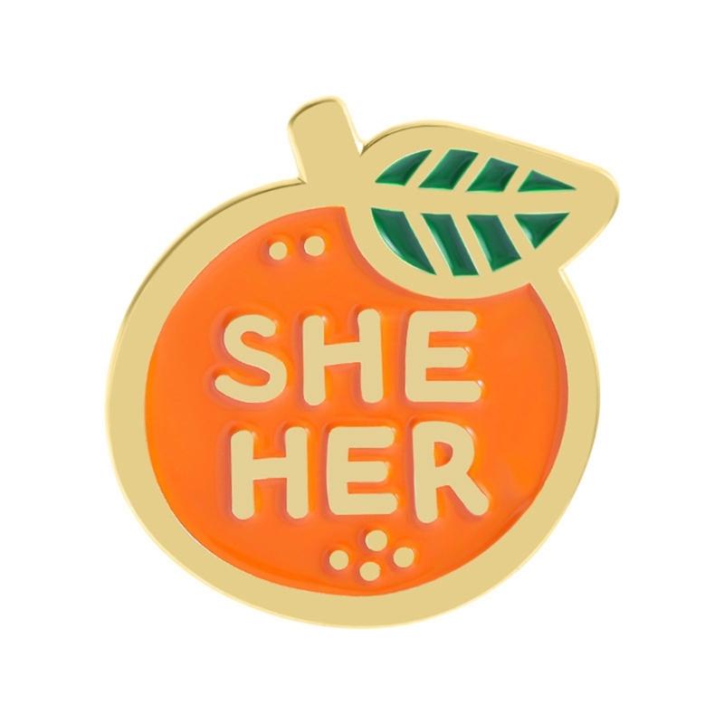 Creative Enamel Pin Featuring Orange Fruit Design and Gender Pronouns THEY/THEM SHE/HER for Fashion Jewelry Accessory