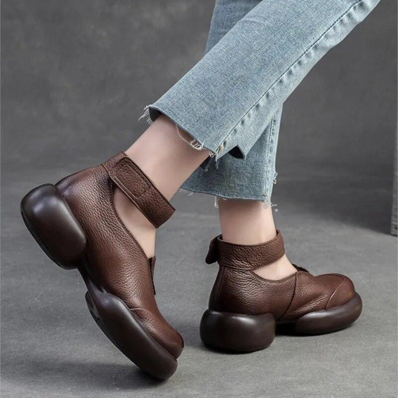 Johnature Genuine Leather Round Toe Thick Sole Pumps Casual Comfortable Hook & Loop Women's Shoes