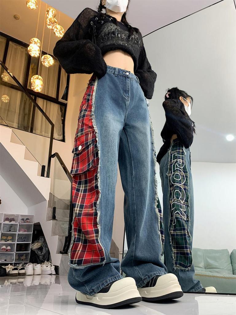 American Retro Plaid Patchwork Wide-Leg Jeans for Women
