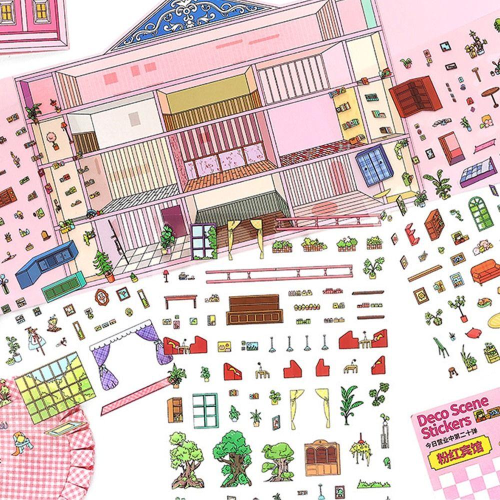 2.5D Landscape Sticker Cartoon Pattern Multicolor Scenery Sticker Set Apartment Pink Hotel Landscape Making Decal Journaling