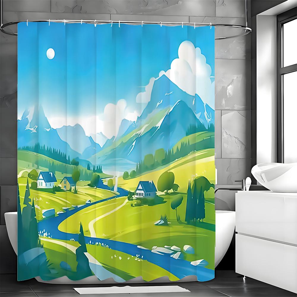 Flat Scenic Mountain River Prairie Log Cabin Shower Curtain, Bathroom Decorative Shower Curtain, Waterproof Shower Curtain with