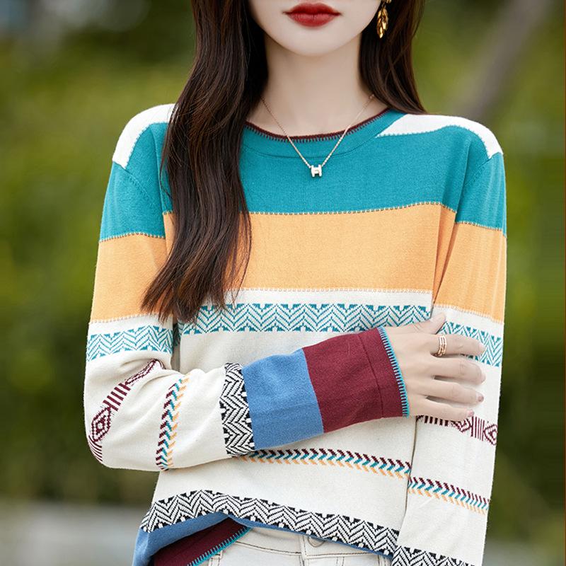 Pure Cotton Rainbow Jacquard Round Neck Sweater for Women In Autumn and Winter Fashion Versatile Base Shirt Sweat-absorbing Long-sleeved Top