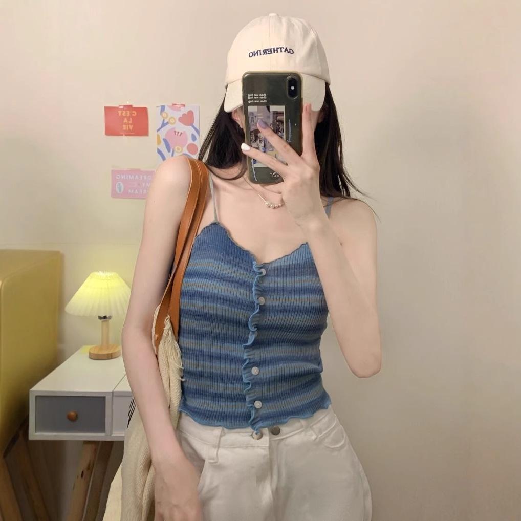 

Тонкий танк-топ с радужной полоской и фестончатым краем - Летняя многослойная верхняя одежда для женщин One Size (Suggested = 125 lbs) синий