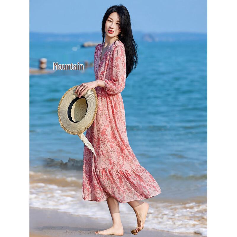 Demana French V-Neck Chiffon Print Puff Sleeve Ruffled Dress